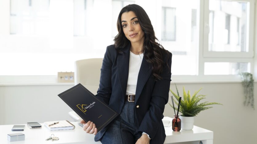 Valeria Prado con una carpeta de su inmobiliaria en la oficina de Lugo