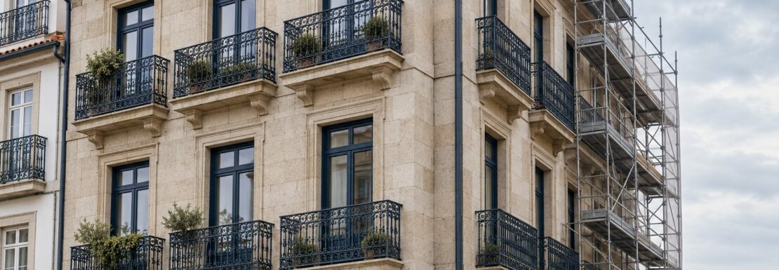 Imagen ilustrativa de un edificio residencial con obras en la fachada